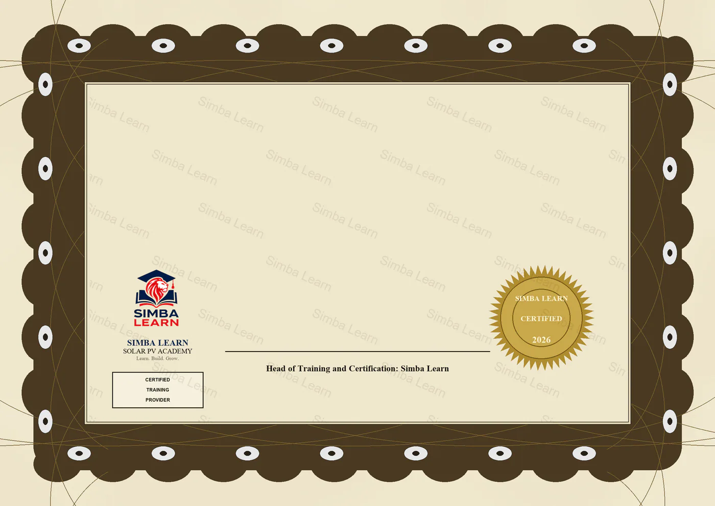 Simba Learn certificate template with branded border, seal, and watermark