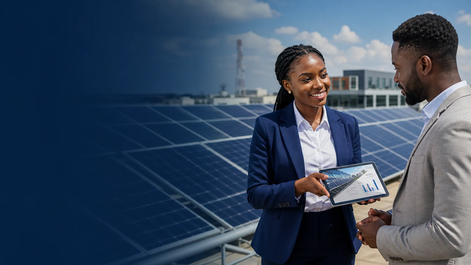 Solar professionals discussing system performance beside a rooftop installation
